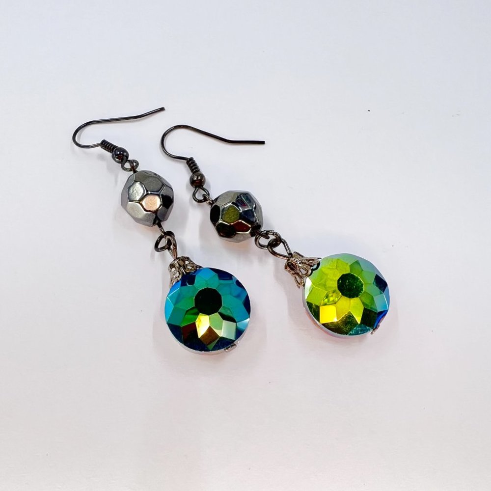 New / Handcrafted - Iridescent Faceted Crystal Drop Black Tone Fishhook Earrings - Picture 2 of 7